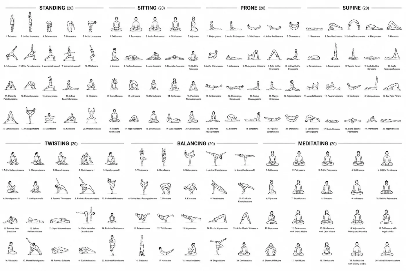 Chart of all 140 yoga asanas organized into seven families: standing, sitting, prone, supine, twisting, balancing, and meditating