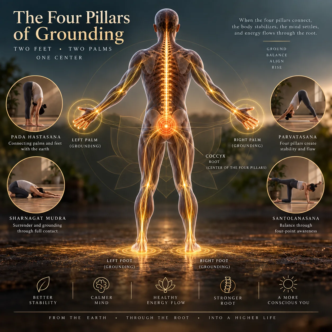 The four pillars of grounding, two feet and two palms, connected through the coccygeal root, the foundation of the Muladhara grounding system
