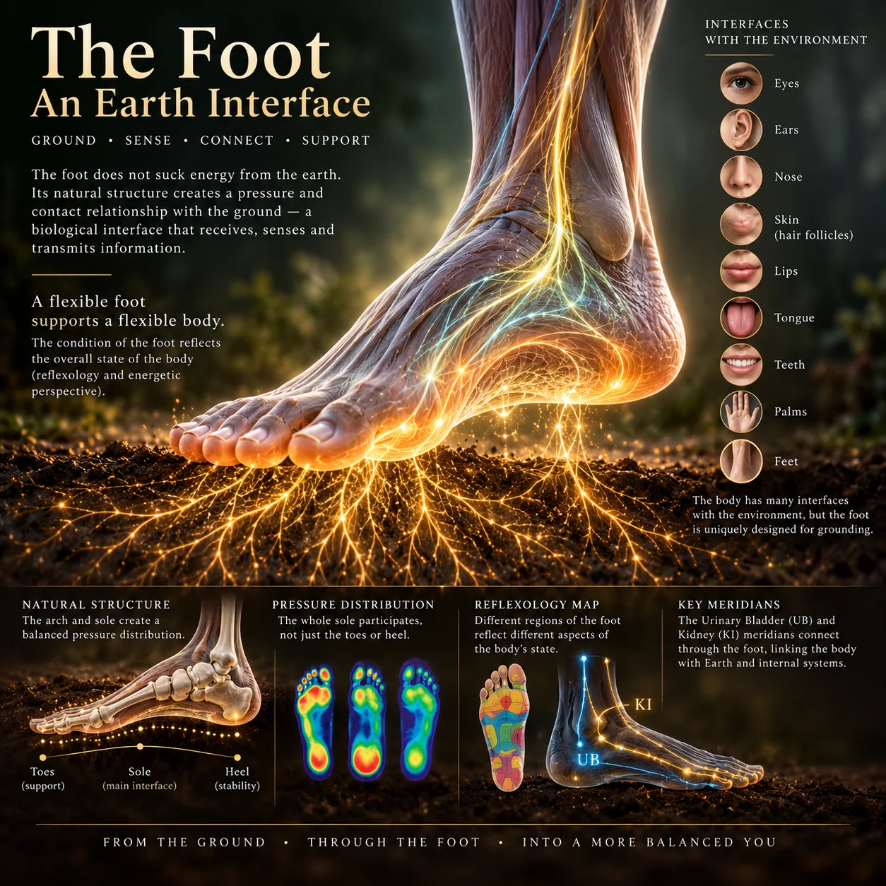 The sole of the foot as a sensory and energetic interface, showing the vacuum like grounding relationship with the earth