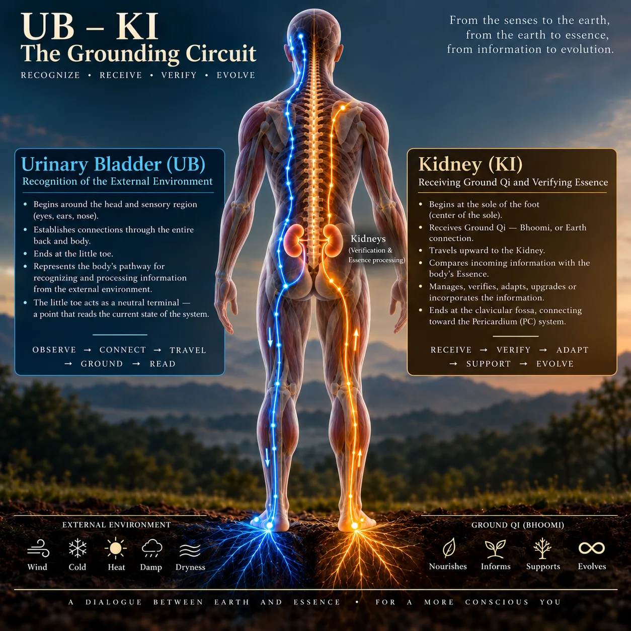 The Urinary Bladder and Kidney meridian pathways, from the head to the little toe and the sole to the kidney, mapping the grounding and recognition circuit
