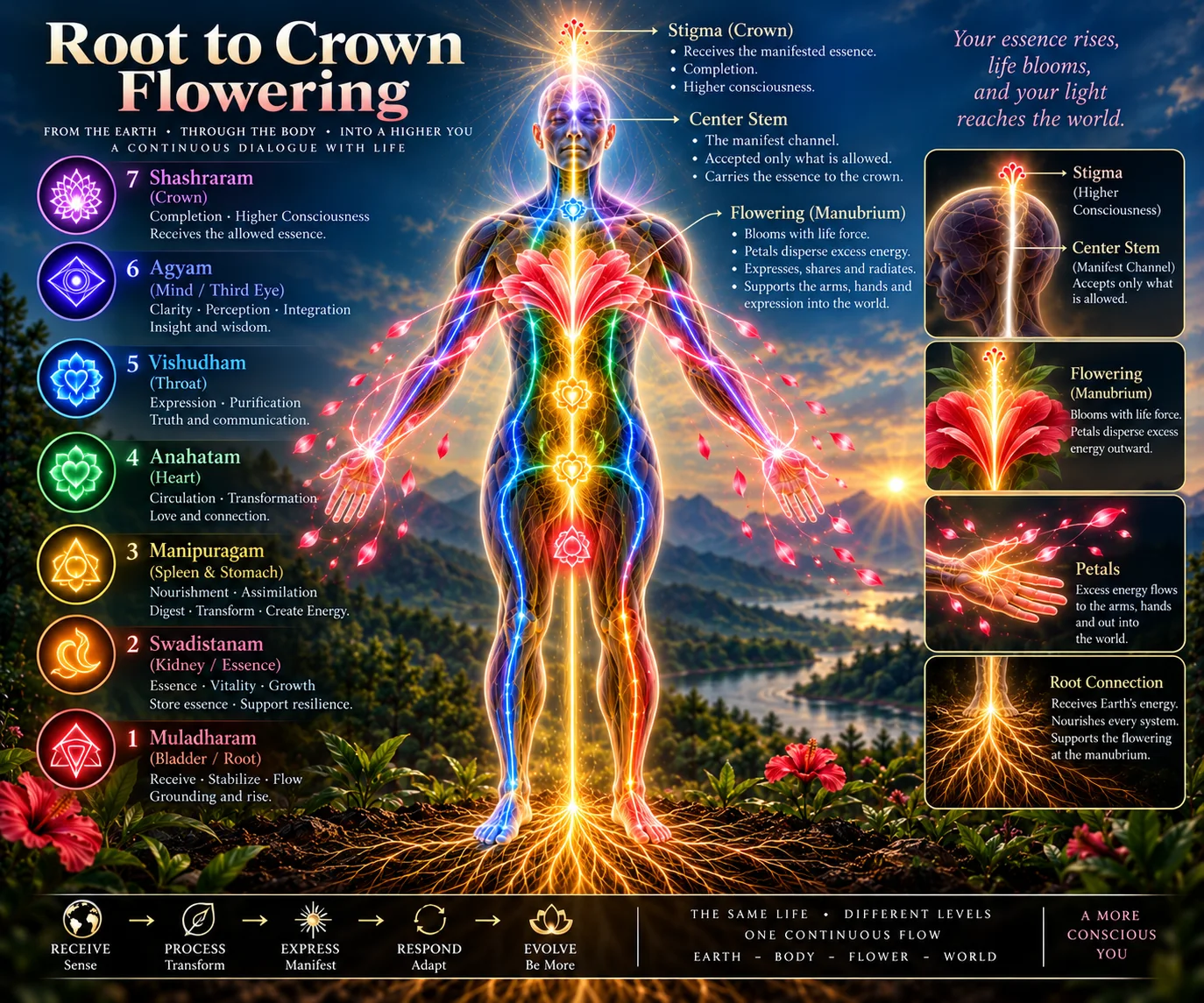 The Muladhara flowering system, root at the coccyx rising through the spine to the crown as the stigma of the flower