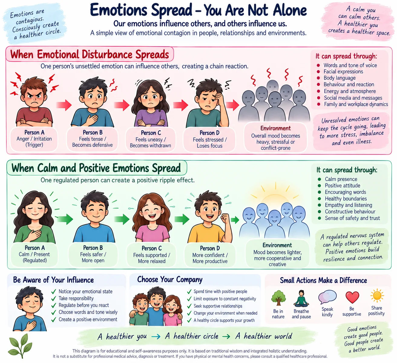 How emotions spread between people, the negative chain reaction and the positive ripple effect side by side