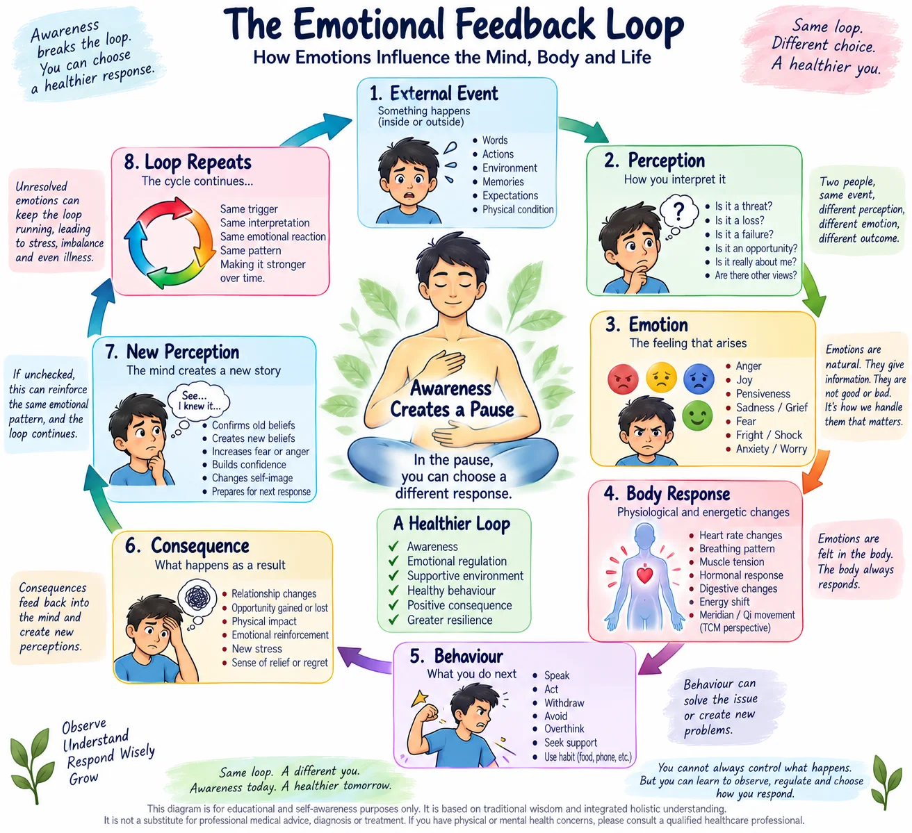 The emotional feedback loop, from external event through perception, emotion, body response and behaviour, back to a new perception