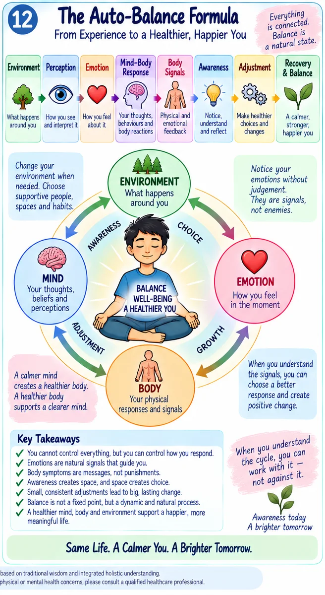 The auto-balance formula, from environment and perception through emotion, mind and body, back to recovery and balance