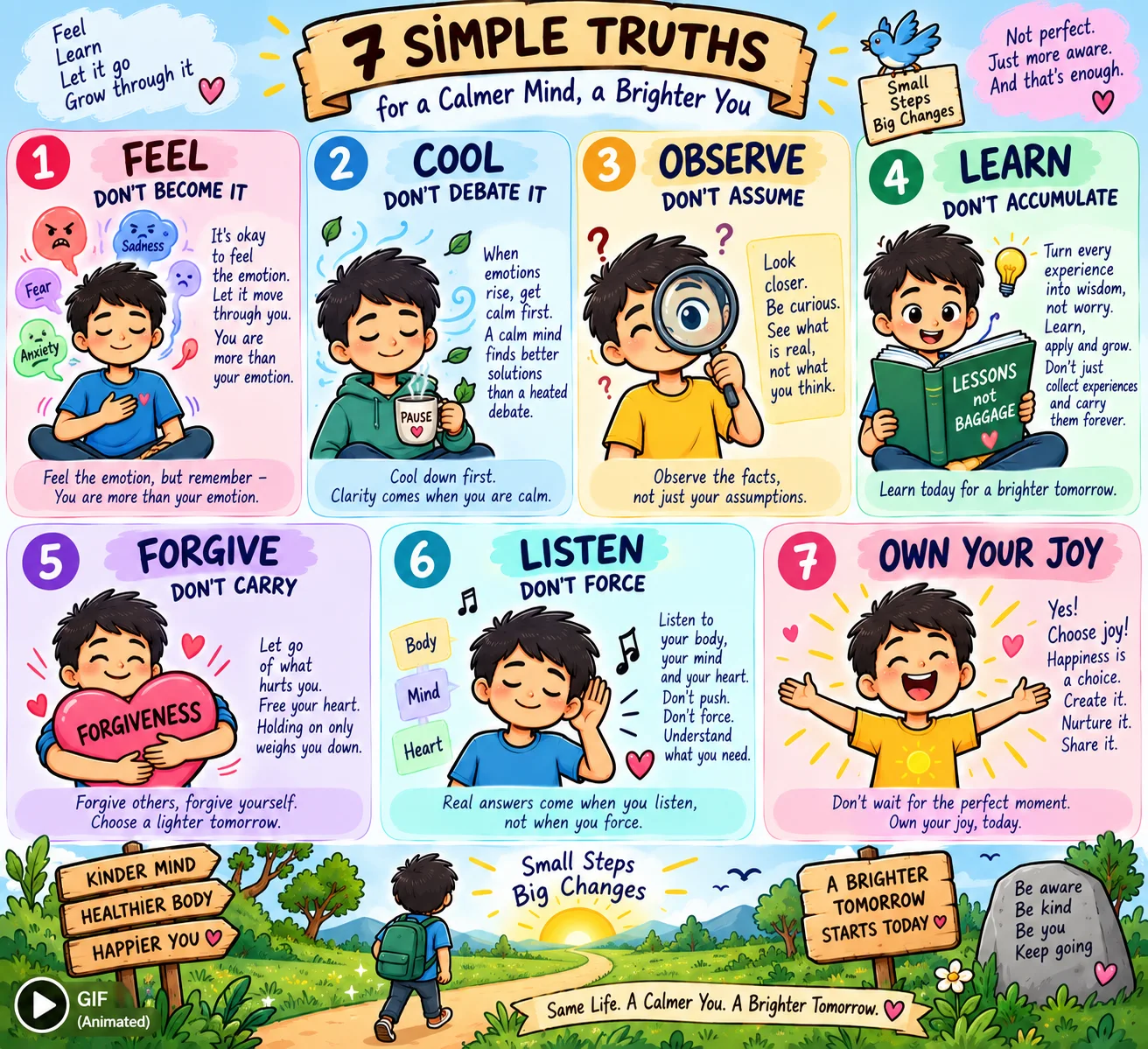 Seven simple truths for a calmer mind, feel it, cool it, observe it, learn from it, forgive it, listen to it, and own your joy