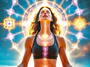 A glowing mantra symbol rising through a cosmic, star-filled sky