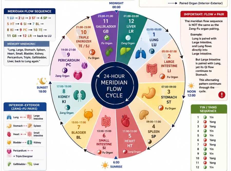 The 24-hour TCM meridian flow wheel, showing each organ's two-hour peak window across the full cycle