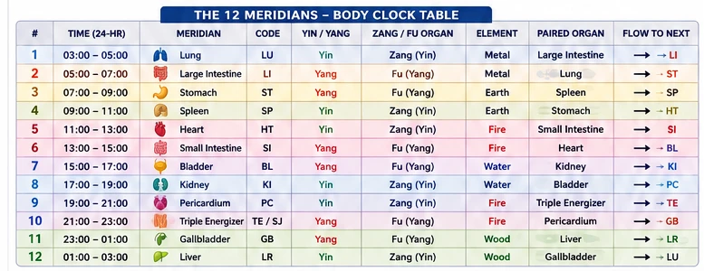 The 12 meridians body clock table, listing each organ's peak time, element, and paired organ