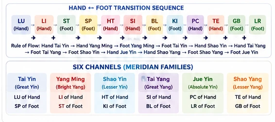 TCM hand and foot meridian transition sequence and the six channels of the meridian families, Tai Yin, Yang Ming, Shao Yin, Tai Yang, Jue Yin, and Shao Yang