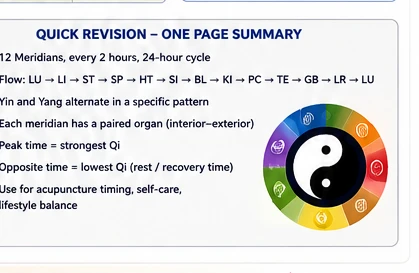Quick revision summary of the TCM body clock, 12 meridians, the 24-hour flow, and the yin-yang cycle