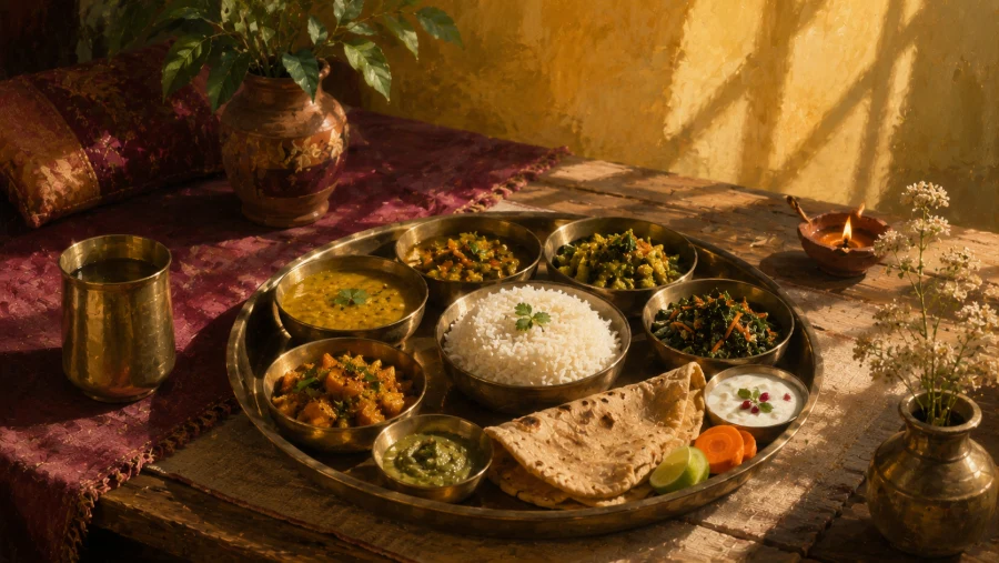 A warm sattvic vegetarian thali, dal, rice, sauteed vegetables, and flatbread, part of the 15-day transition plan