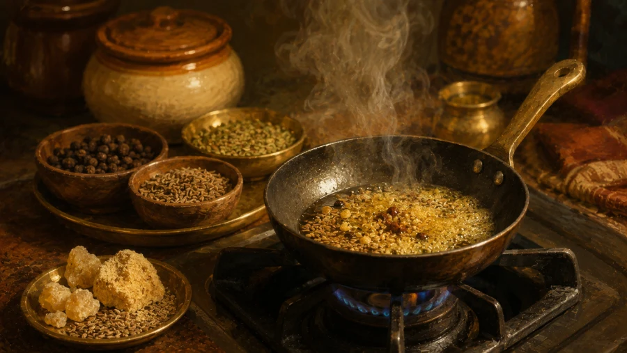 Hing and digestive spices tempering in warm oil, the base for the seasonal hing-infused recipes